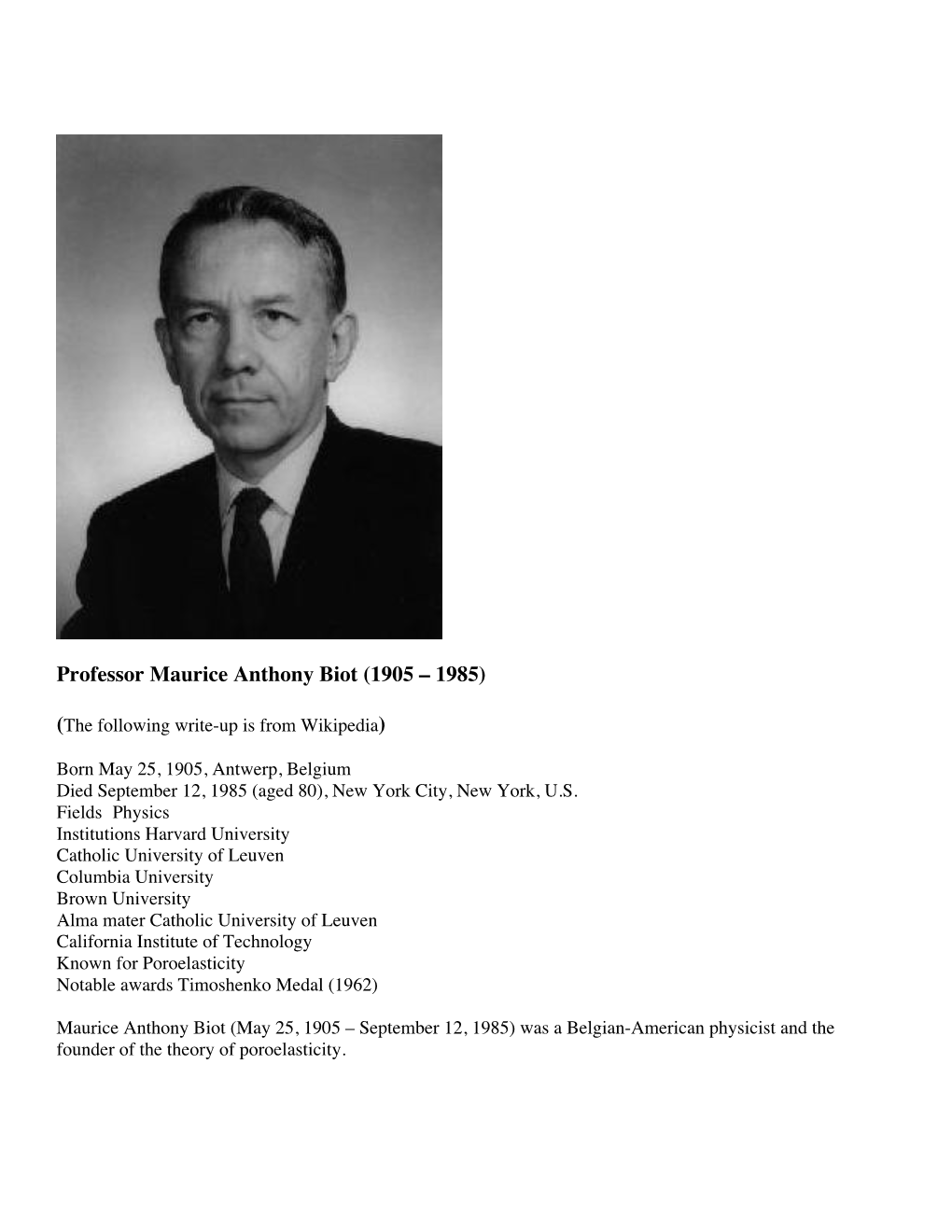 Professor Maurice Anthony Biot (1905 – 1985)