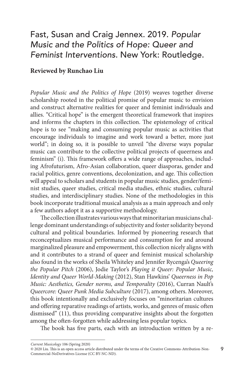 Fast, Susan and Craig Jennex. 2019. Popular Music and the Politics of Hope: Queer and Feminist Interventions