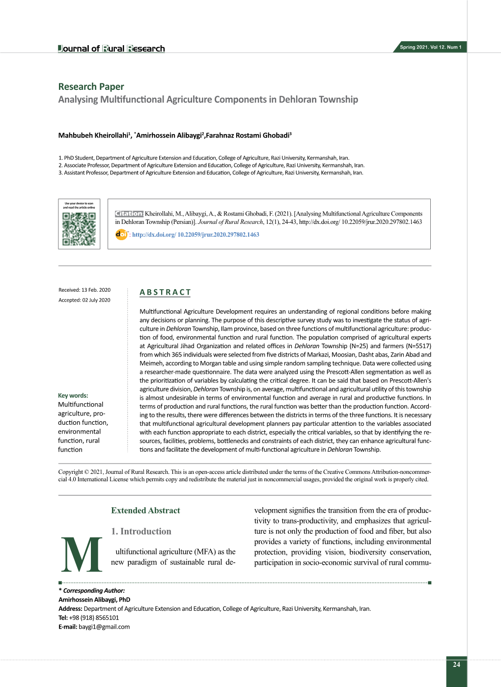 Research Paper Analysing Multifunctional Agriculture Components in Dehloran Township