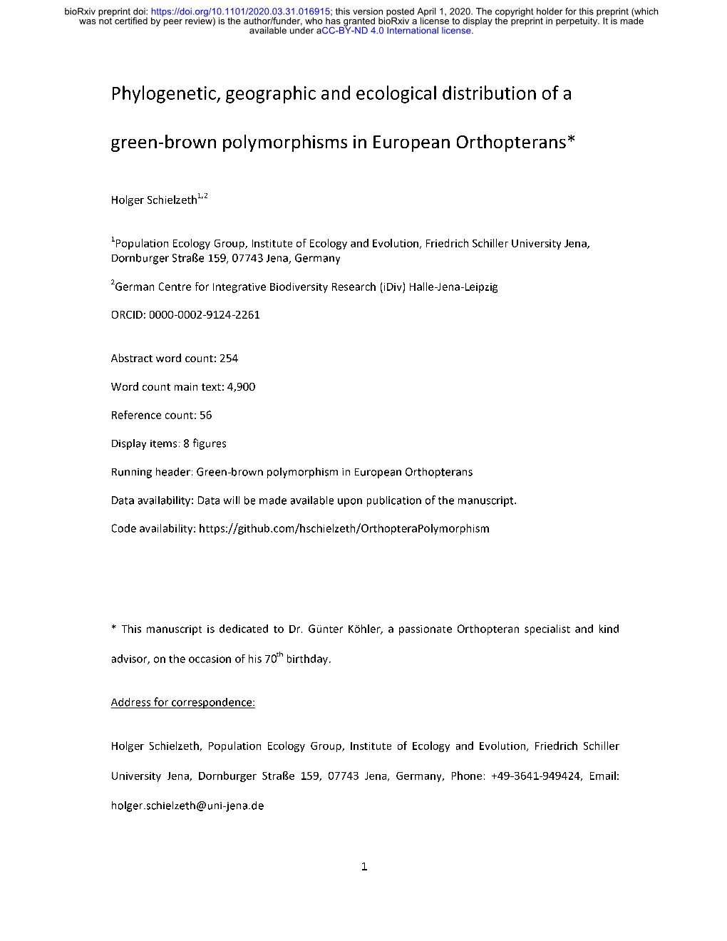 Phylogenetic, Geographic and Ecological Distribution of a Green-Brown Polymorphisms in European Orthopterans