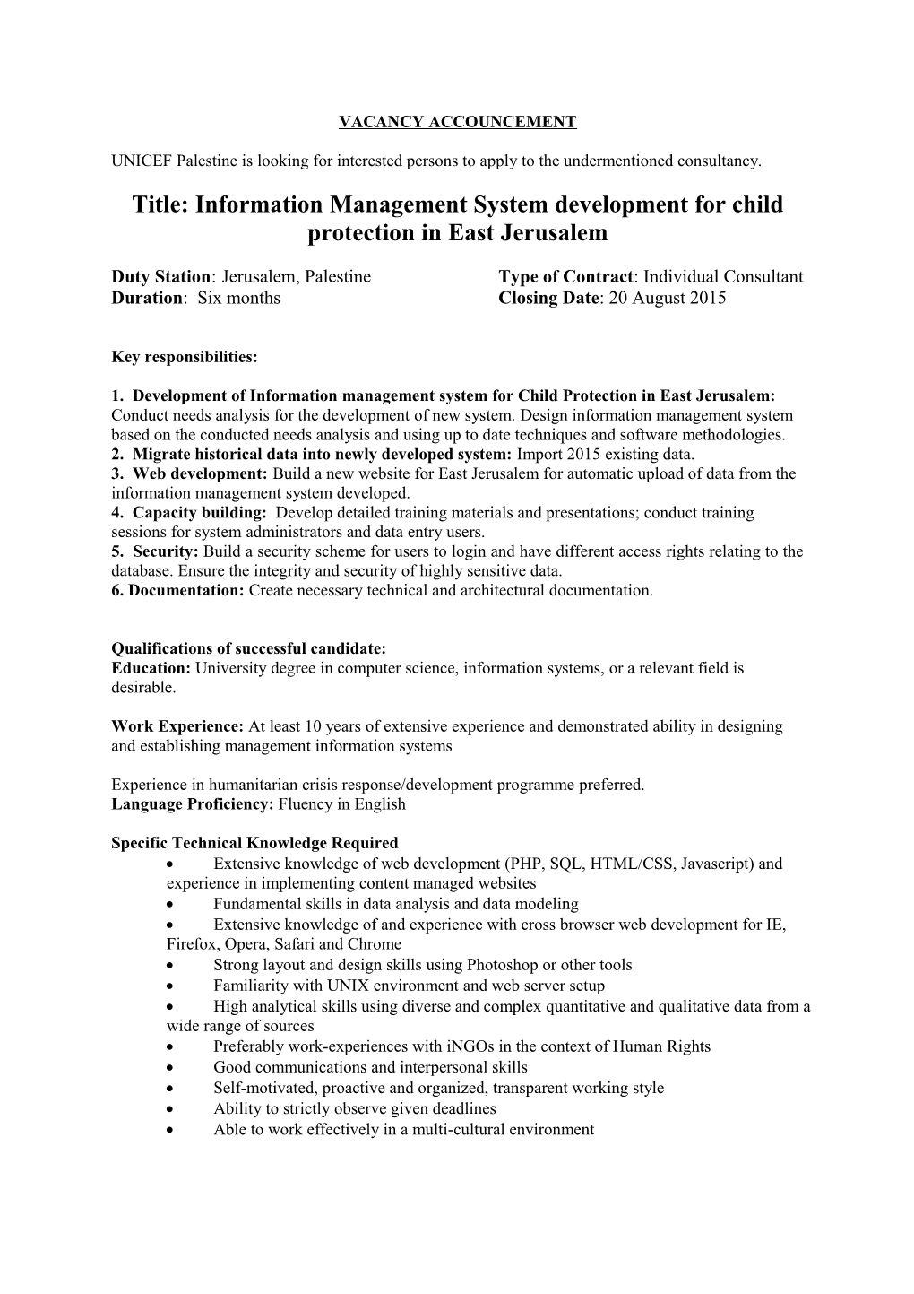 Title: Information Management System Development for Child Protection in East Jerusalem