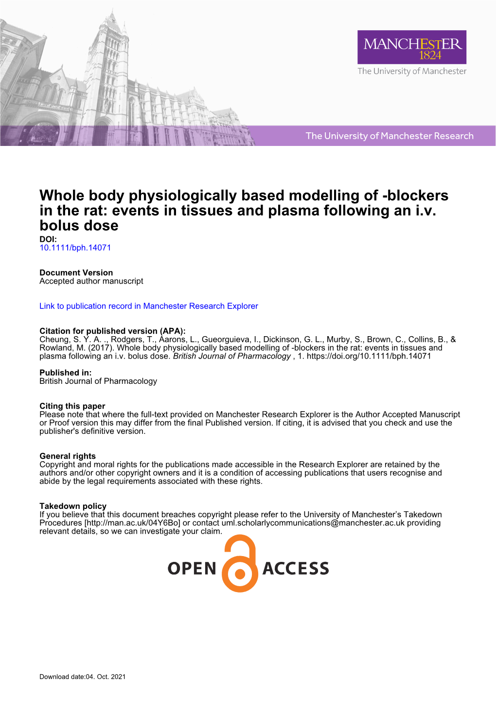 Whole Body Physiologically Based Modelling of Beta-Blockers in the Rat: Events in Tissues and Plasma Following an Intravenous Bolus Dose