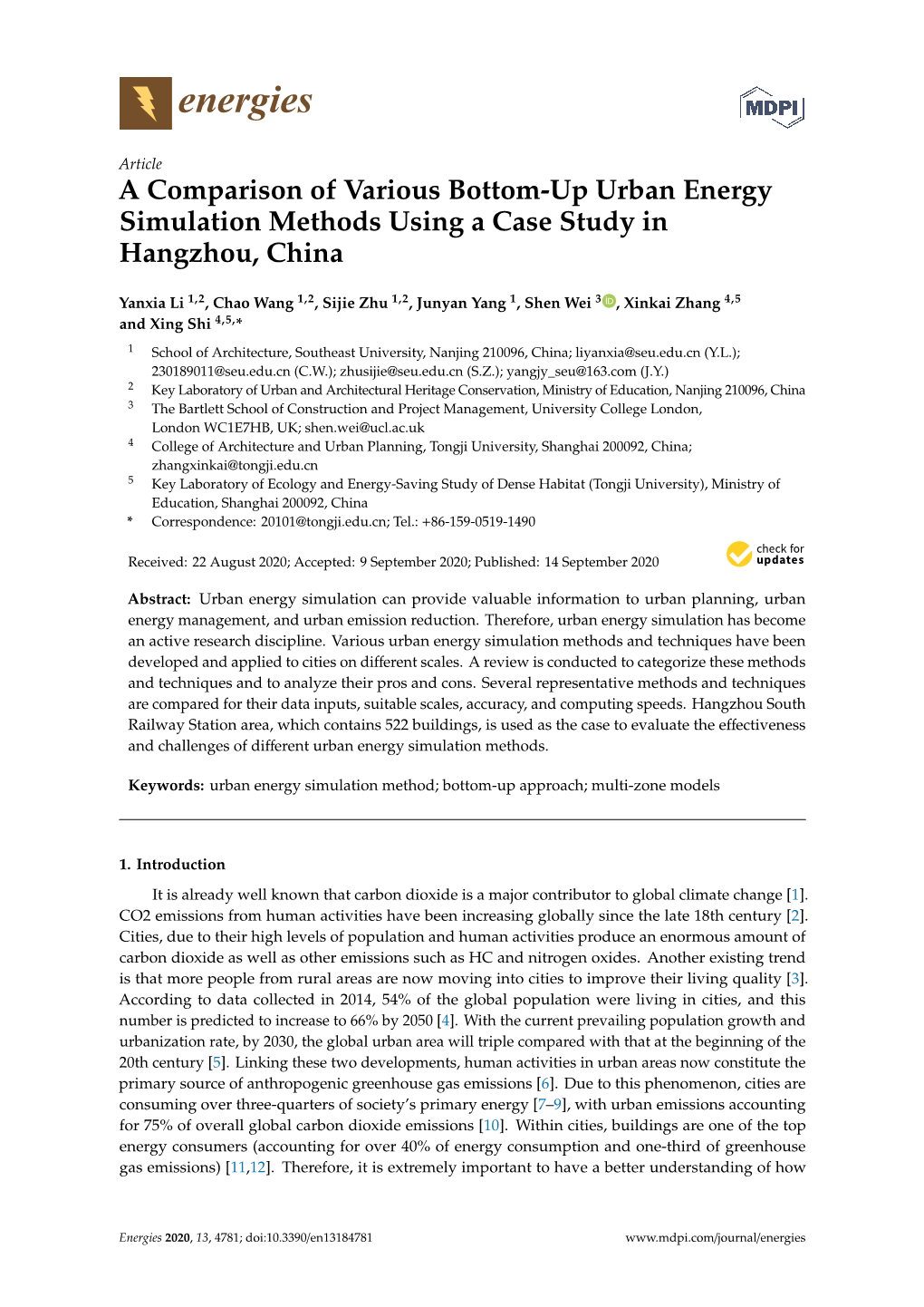 A Comparison of Various Bottom-Up Urban Energy Simulation Methods Using a Case Study in Hangzhou, China