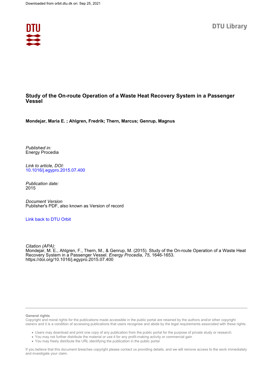Study of the On-Route Operation of a Waste Heat Recovery System in a Passenger Vessel