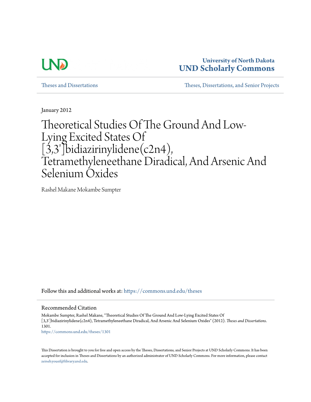 Tetramethyleneethane Diradical, and Arsenic and Selenium Oxides Rashel Makane Mokambe Sumpter