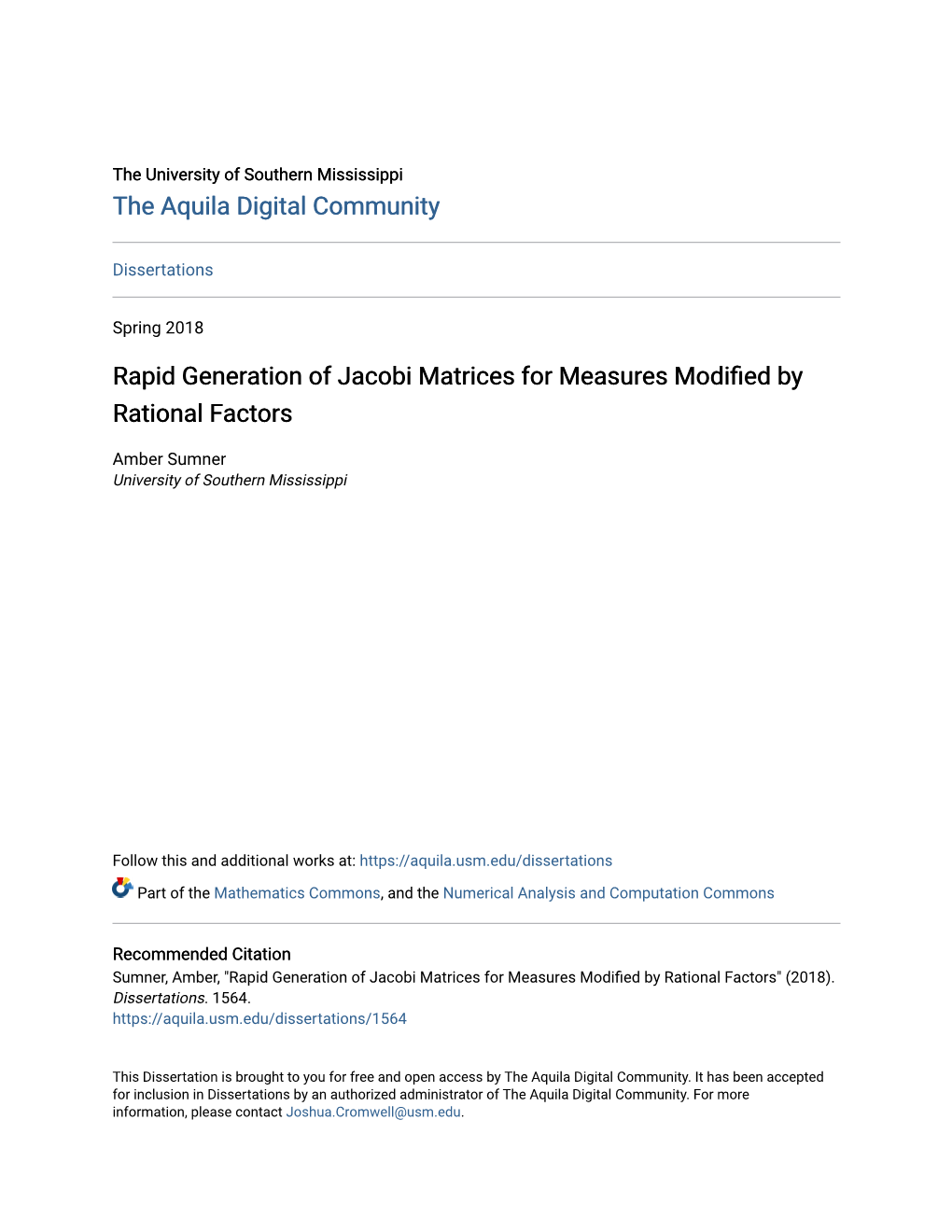 Rapid Generation of Jacobi Matrices for Measures Modified by Rational Factors" (2018)