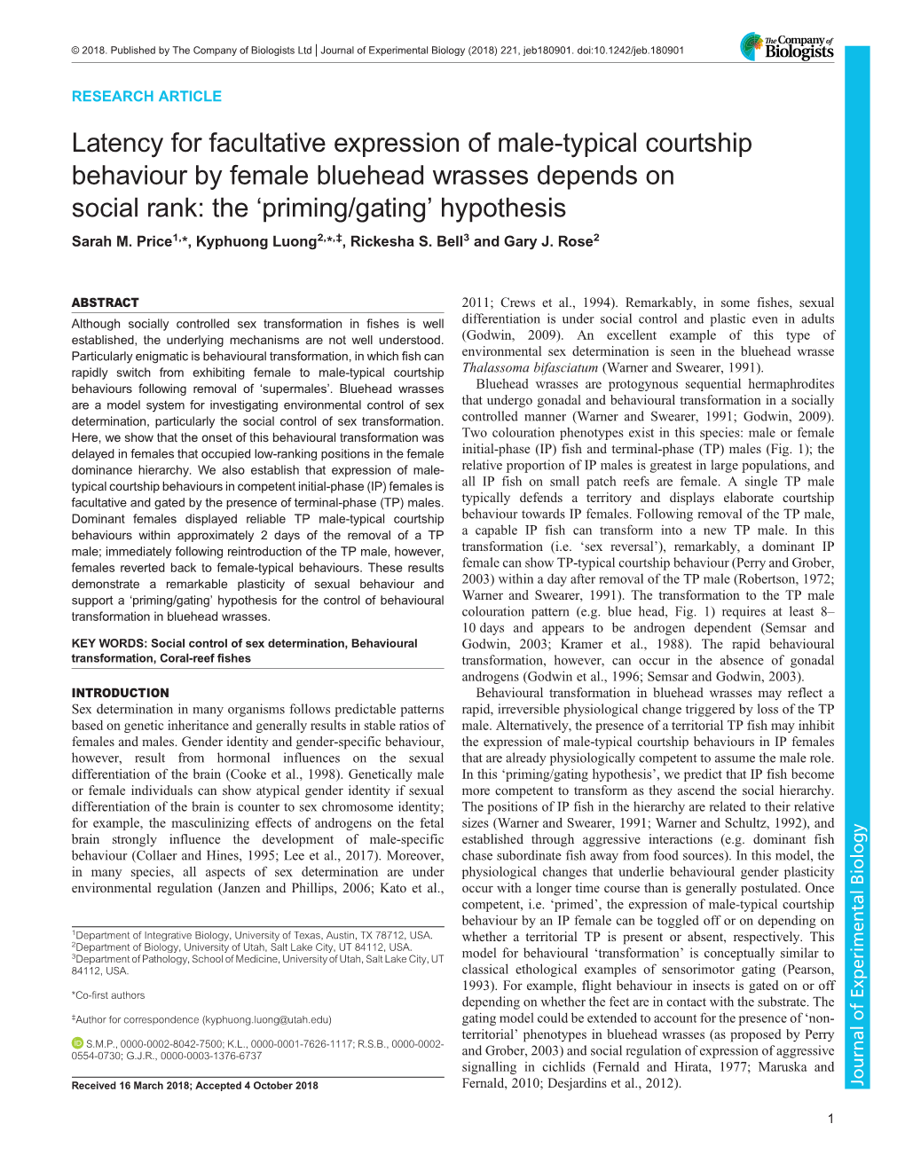 Latency for Facultative Expression of Male-Typical Courtship Behaviour by Female Bluehead Wrasses Depends on Social Rank: the ‘Priming/Gating’ Hypothesis Sarah M