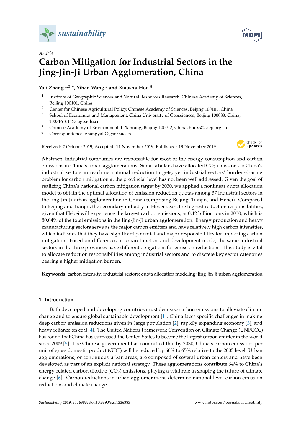 Carbon Mitigation for Industrial Sectors in the Jing-Jin-Ji Urban Agglomeration, China