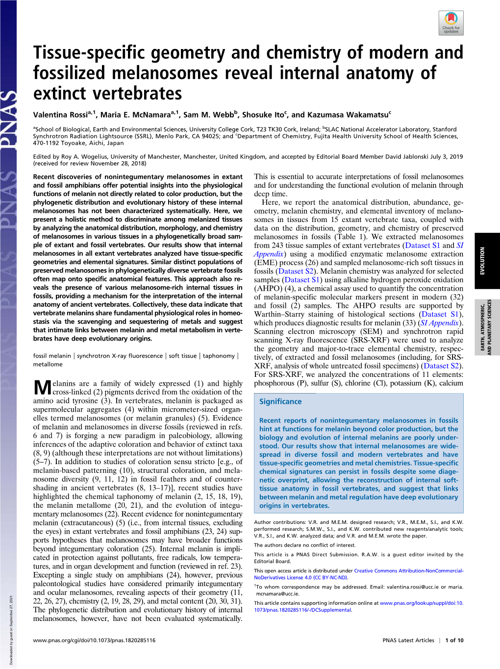 Tissue-Specific Geometry and Chemistry of Modern and Fossilized Melanosomes Reveal Internal Anatomy of Extinct Vertebrates