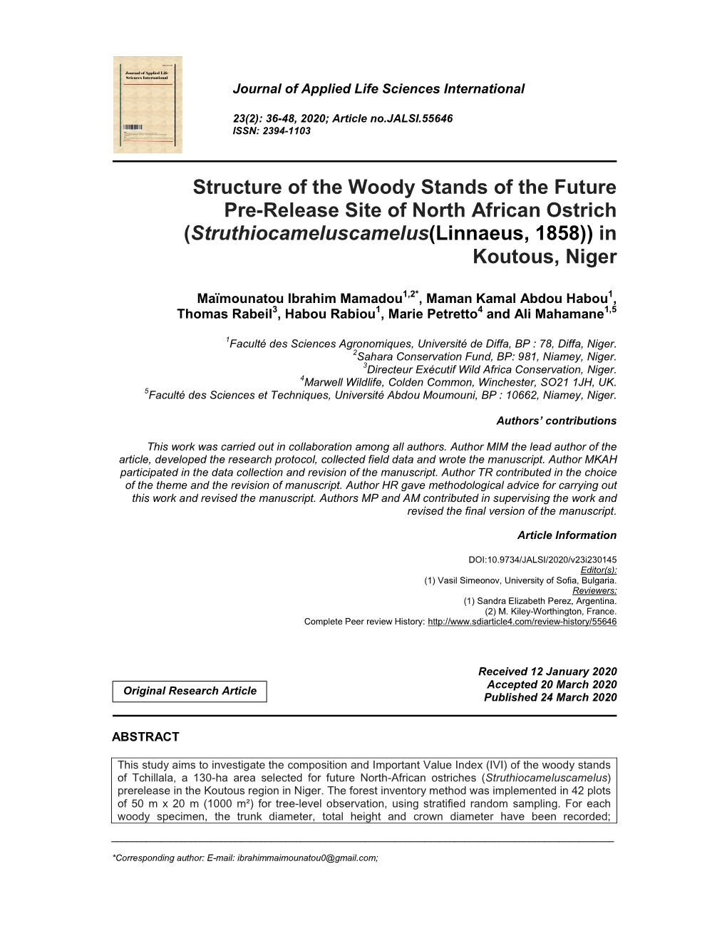 Structure of the Woody Stands of the Future Pre-Release Site of North African Ostrich (Struthiocameluscamelus(Linnaeus, 1858)) in Koutous, Niger