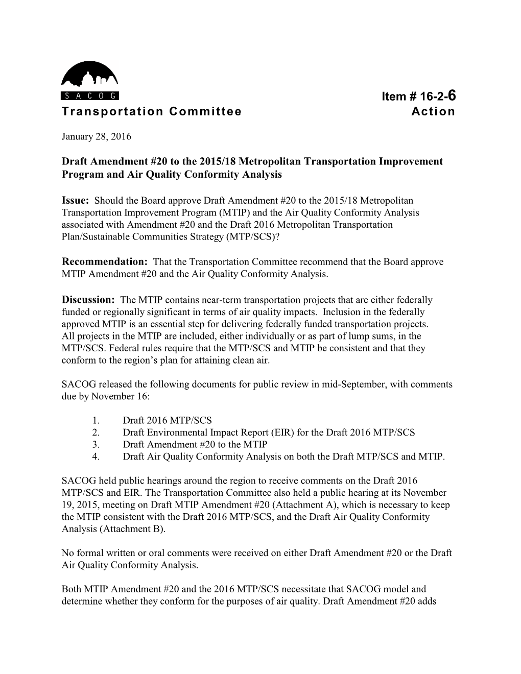 Draft Amendment #20 to the 2015/18 Metropolitan Transportation Improvement Program and Air Quality Conformity Analysis