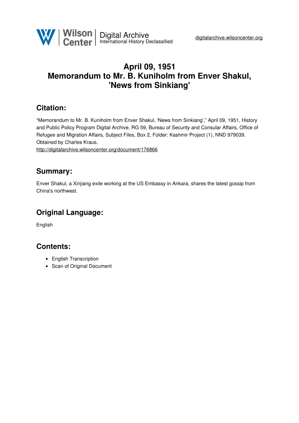 April 09, 1951 Memorandum to Mr. B. Kuniholm from Enver Shakul, 'News from Sinkiang'