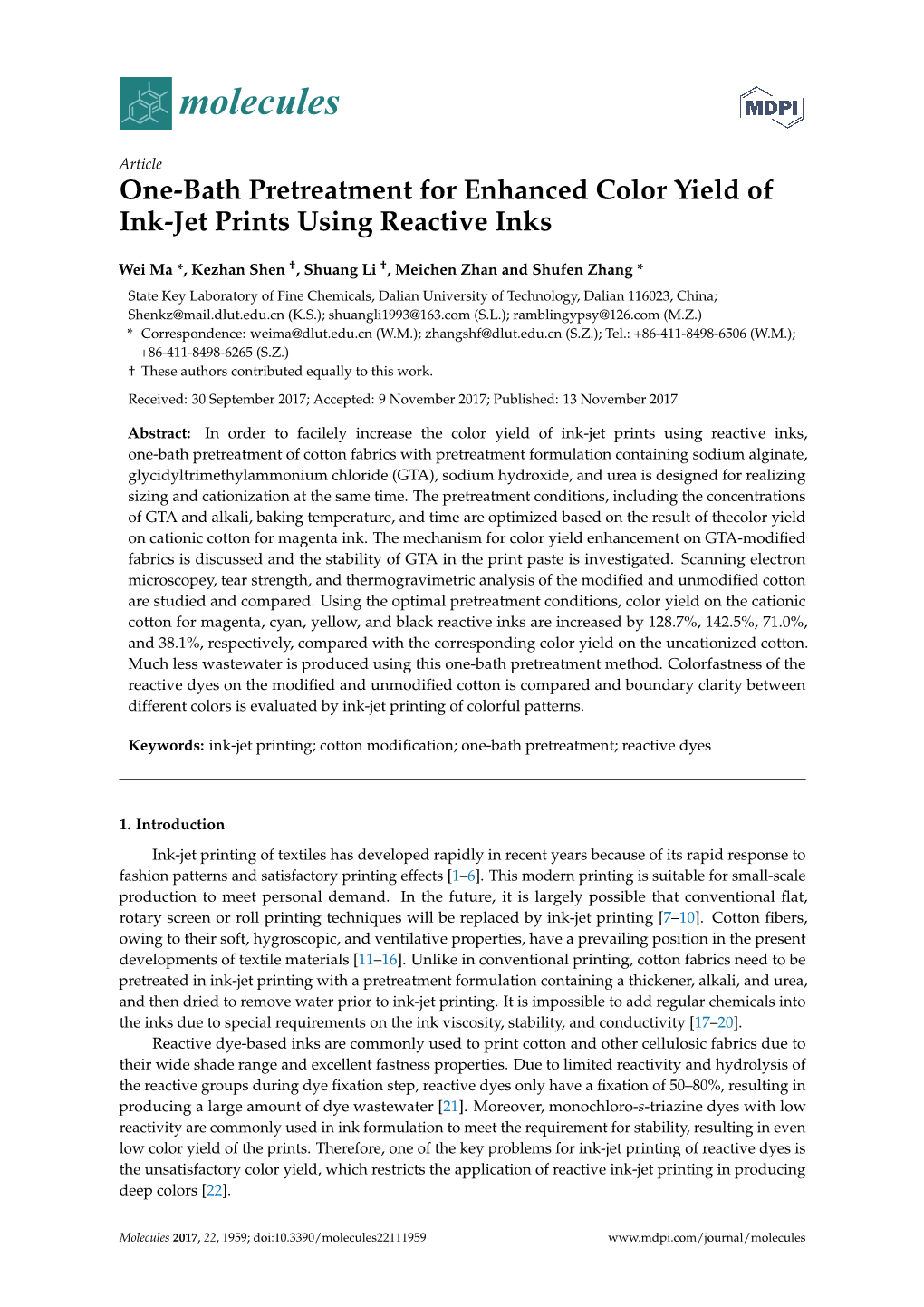 One-Bath Pretreatment for Enhanced Color Yield of Ink-Jet Prints Using Reactive Inks