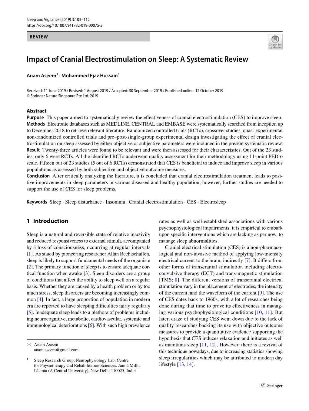 Impact of Cranial Electrostimulation on Sleep: a Systematic Review