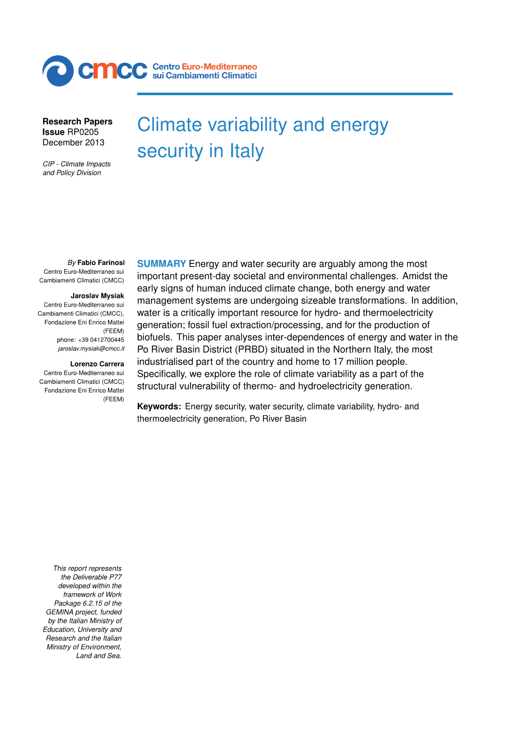 Climate Variability and Energy Security in Italy