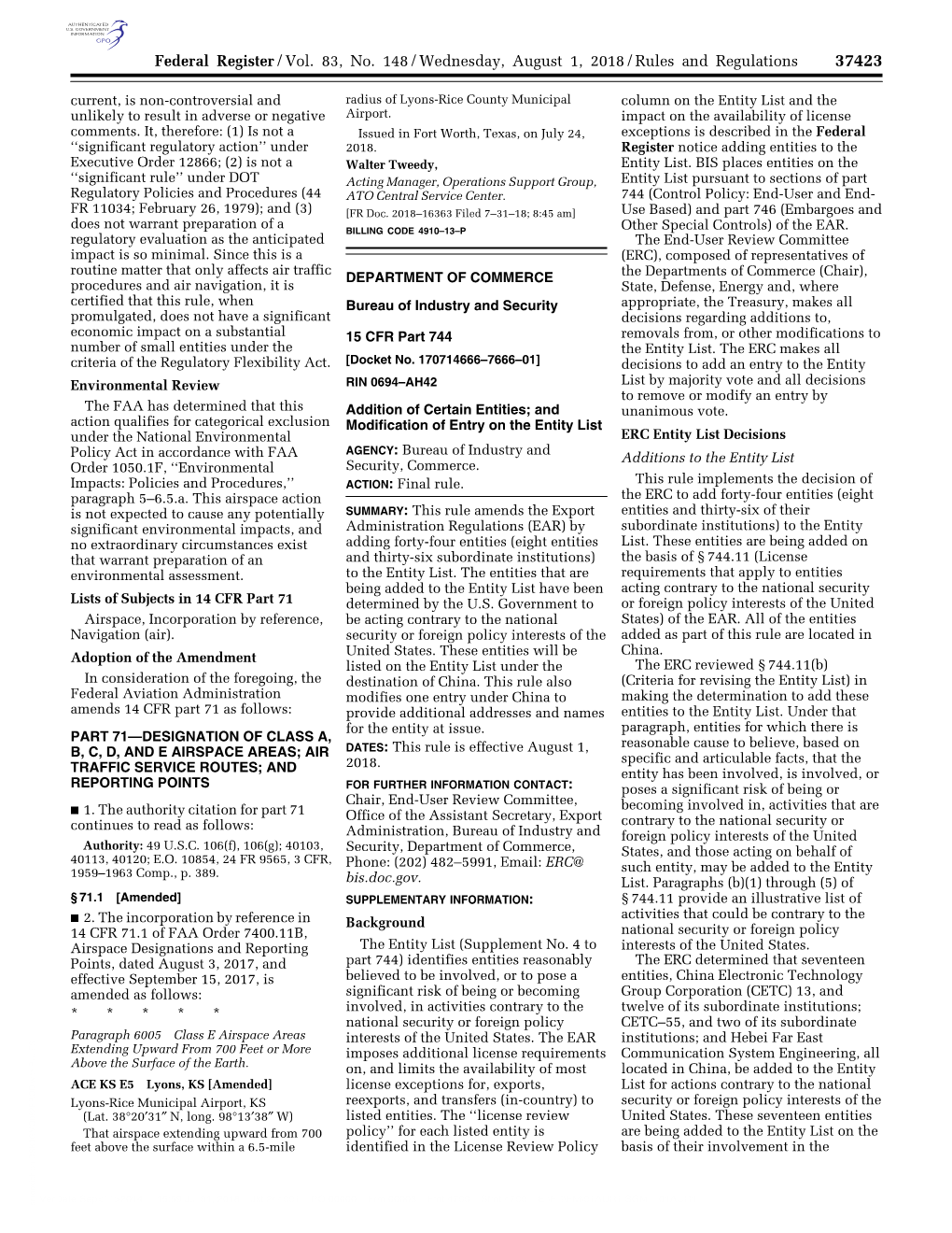 Federal Register/Vol. 83, No. 148/Wednesday, August 1, 2018