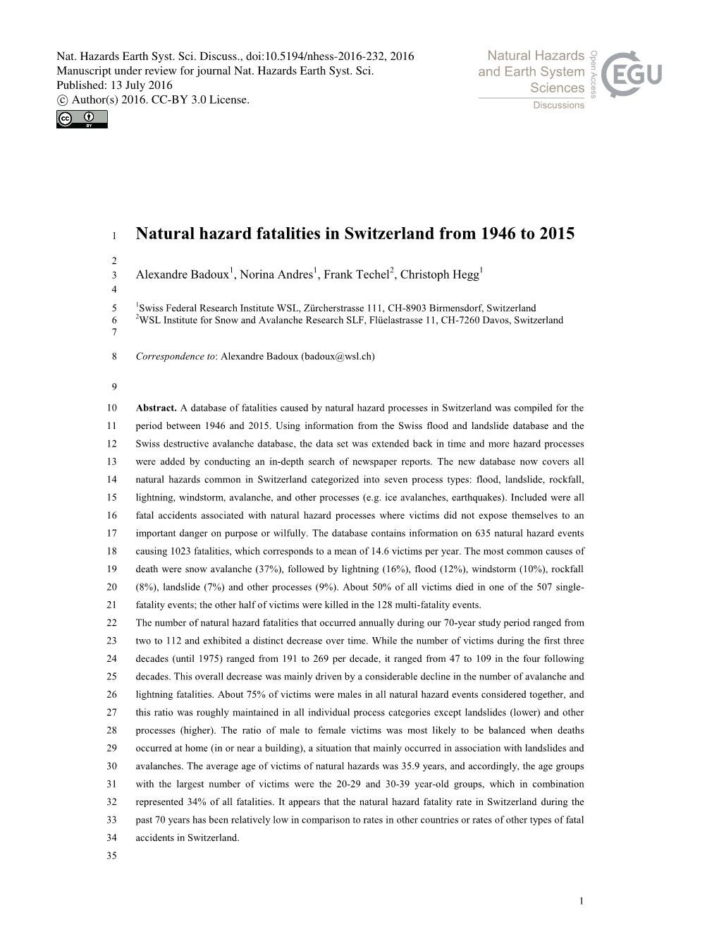 Natural Hazard Fatalities in Switzerland from 1946 to 2015