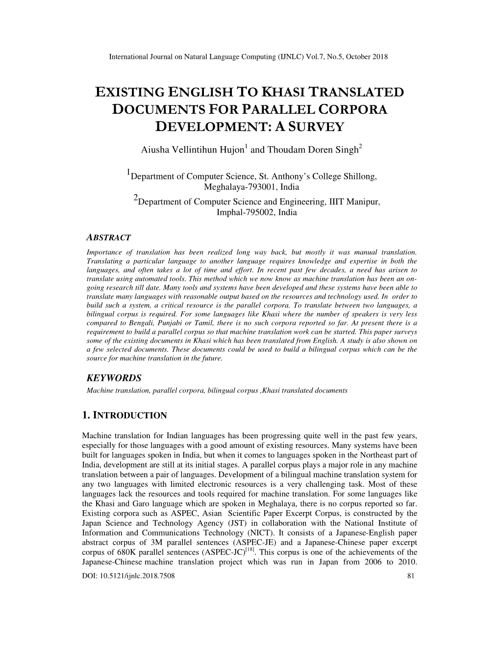 Existing English to Khasi Translated Documents for Parallel Corpora Development: a S Urvey