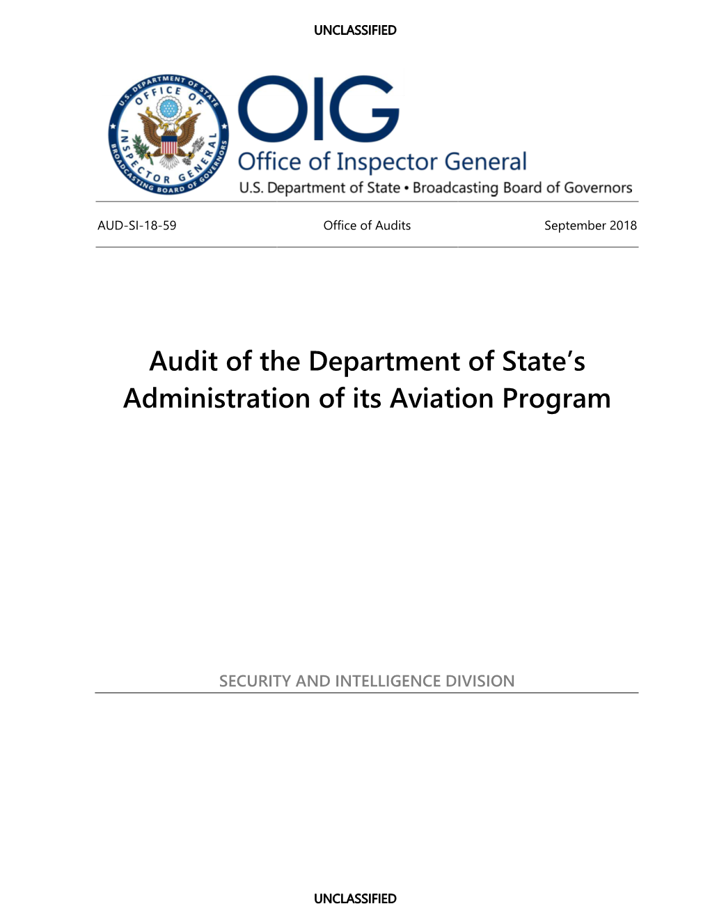 Audit of the Department of State's Administration of Its Aviation