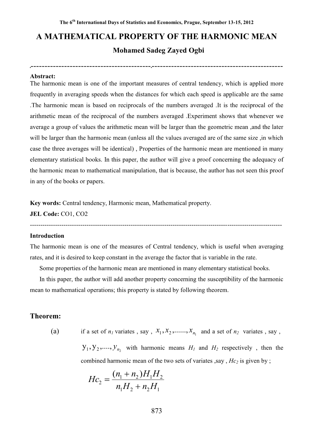 A MATHEMATICAL PROPERTY of the HARMONIC MEAN Mohamed Sadeg Zayed Ogbi