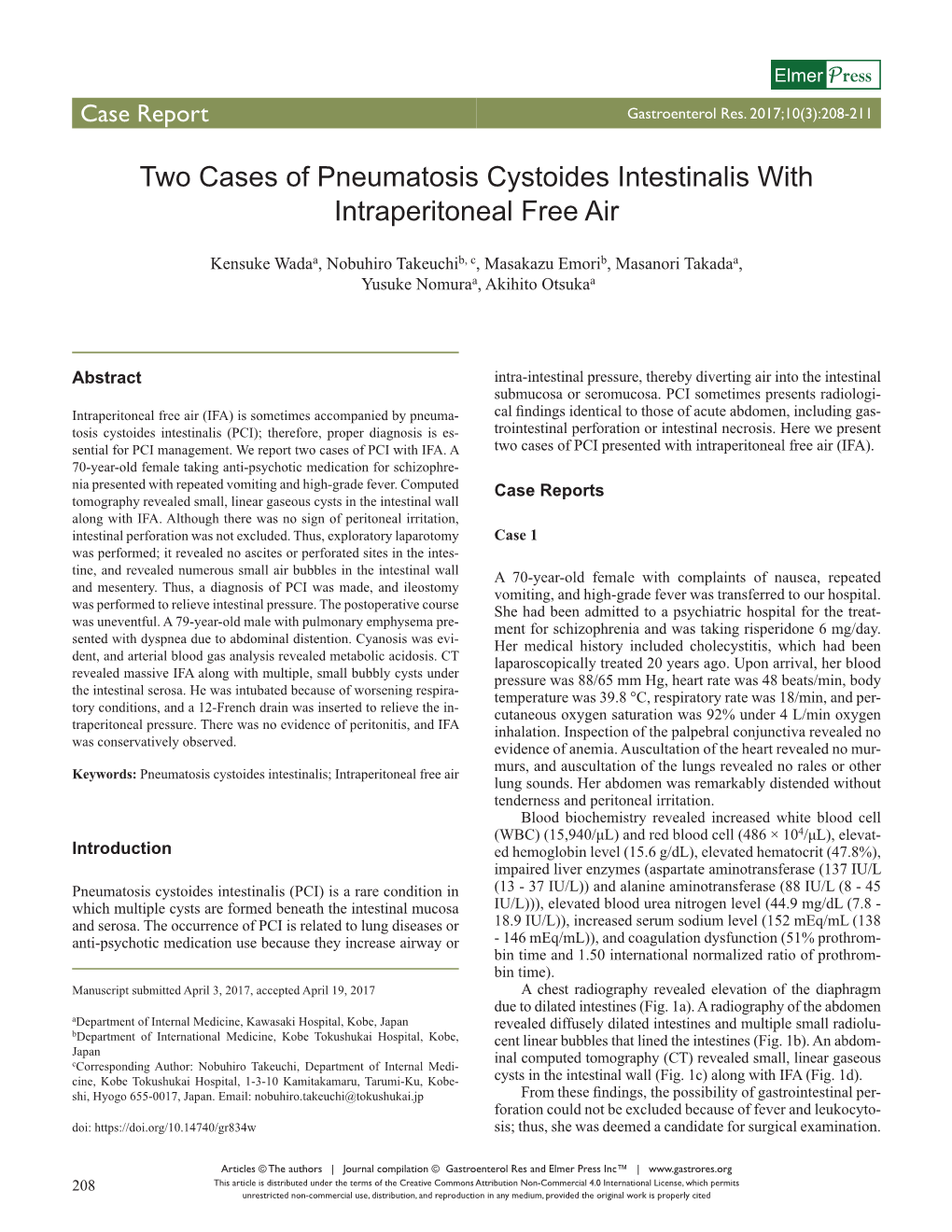 Two Cases of Pneumatosis Cystoides Intestinalis with Intraperitoneal Free Air