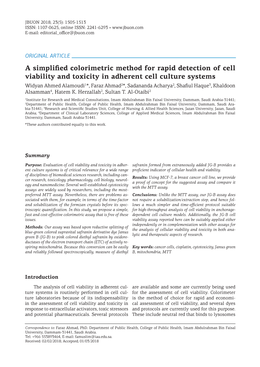 A Simplified Colorimetric Method for Rapid Detection of Cell Viability and Toxicity in Adherent Cell Culture Systems