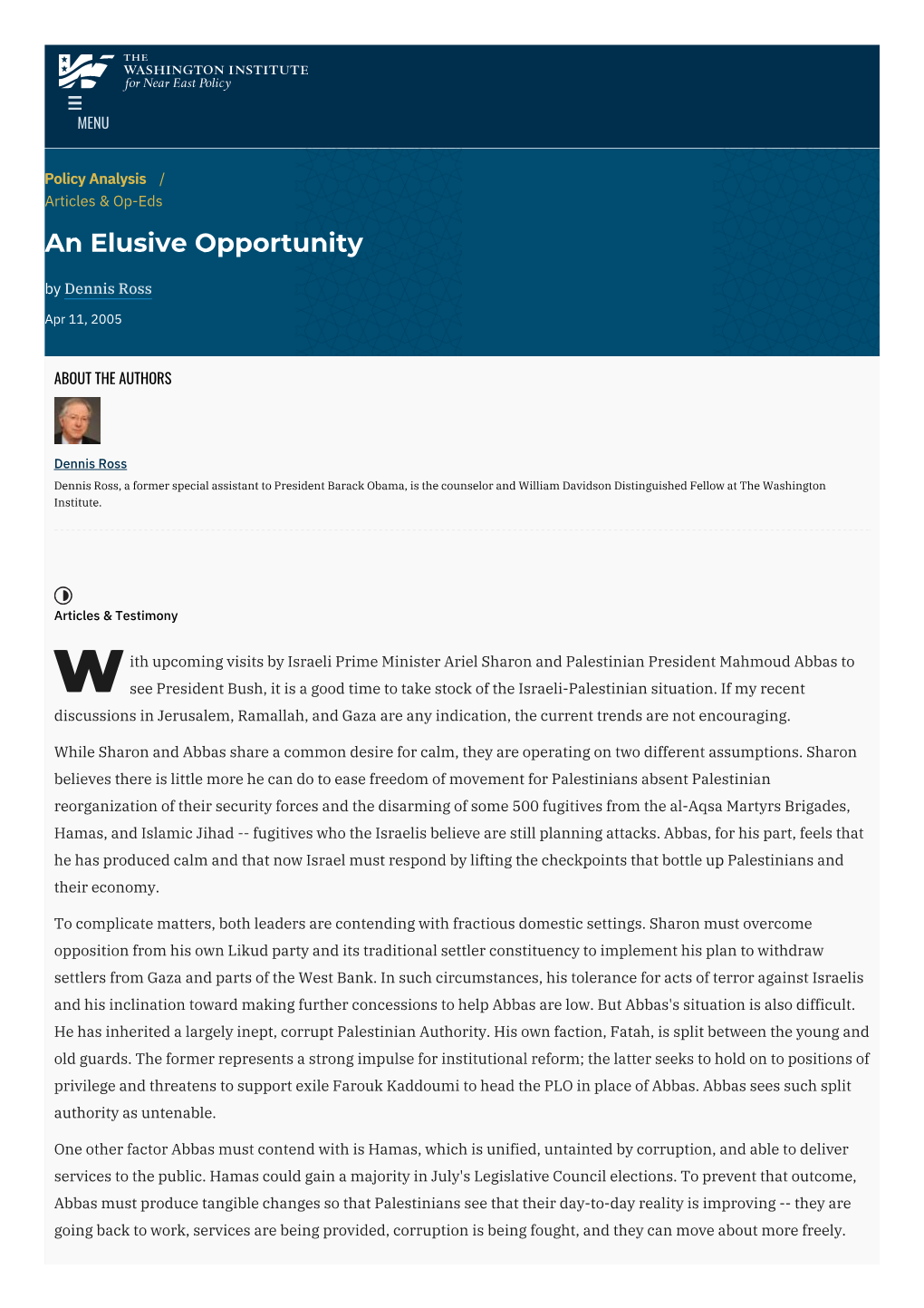 An Elusive Opportunity | the Washington Institute