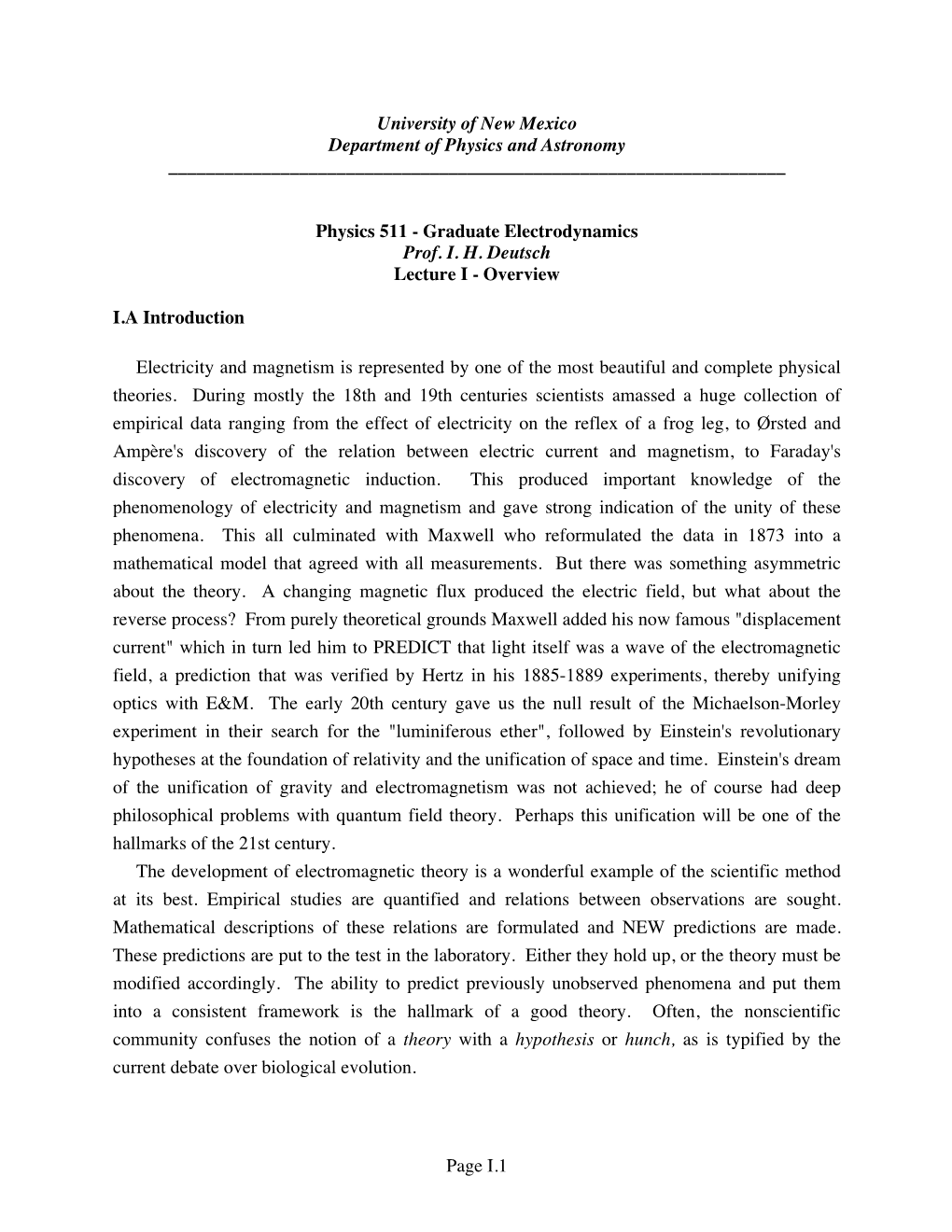 Page I.1 University of New Mexico Department of Physics And