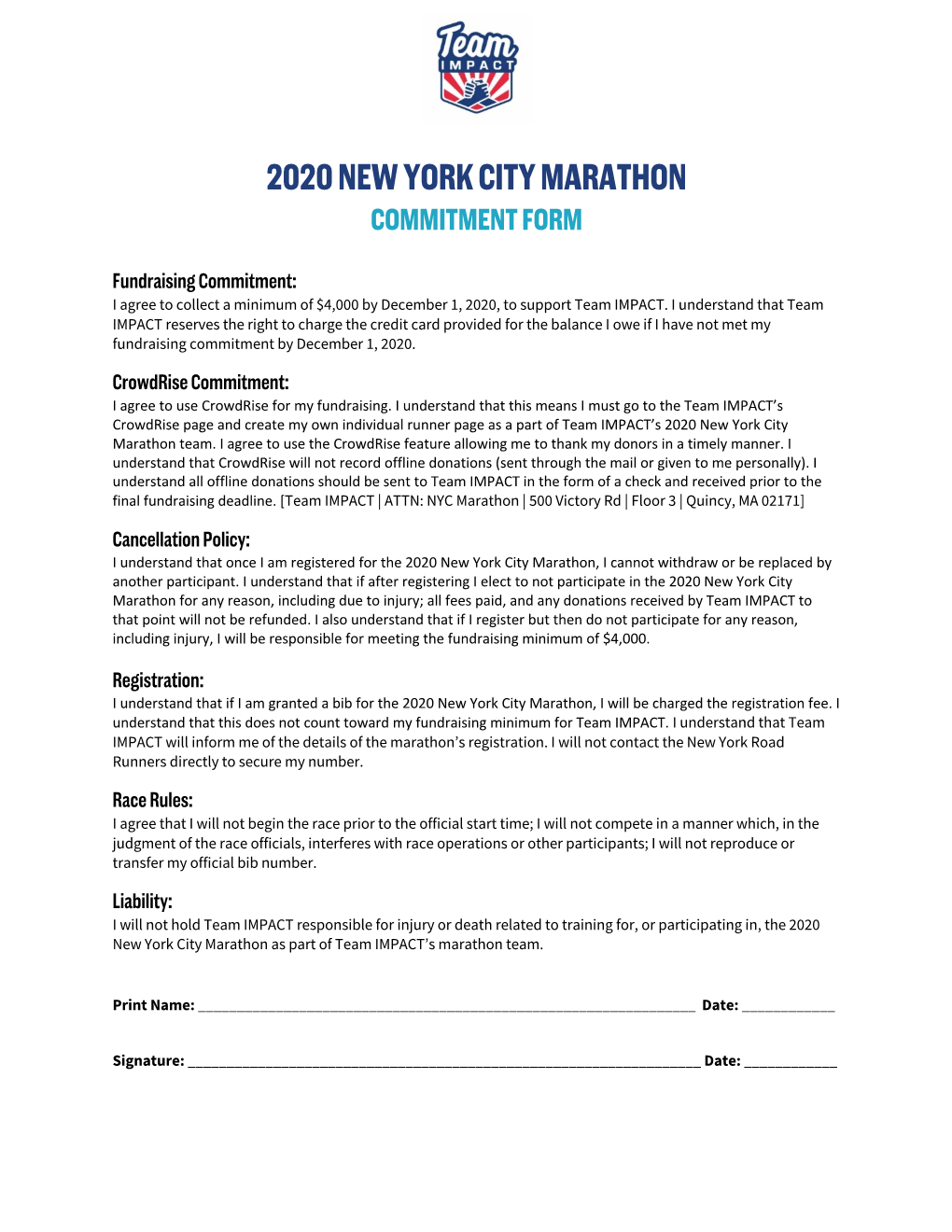 2020 New York City Marathon Commitment Form