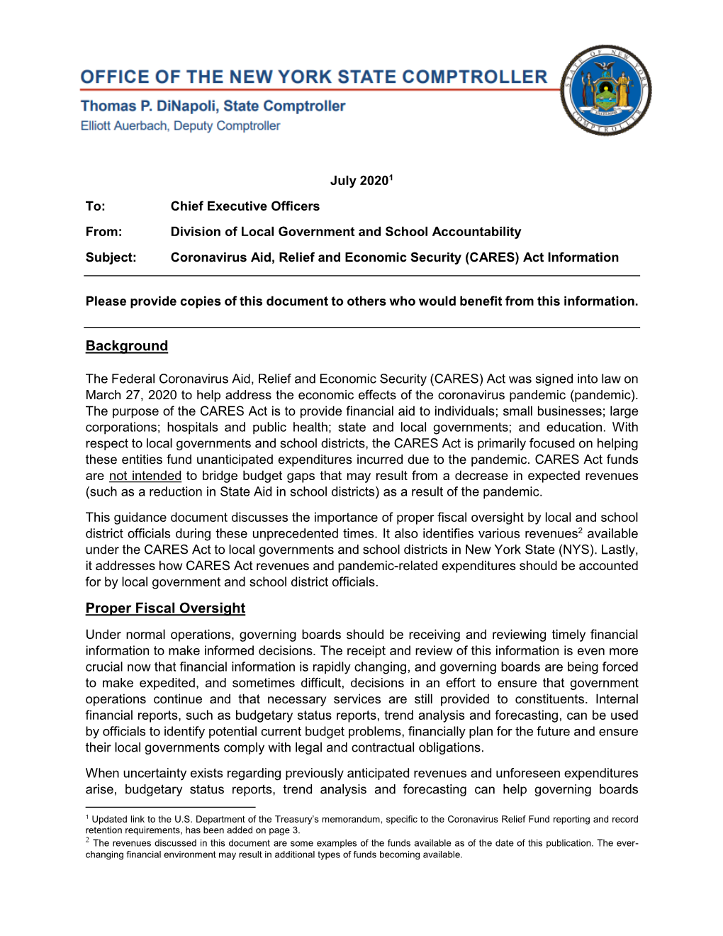 Coronavirus Aid, Relief and Economic Security (CARES) Act Information