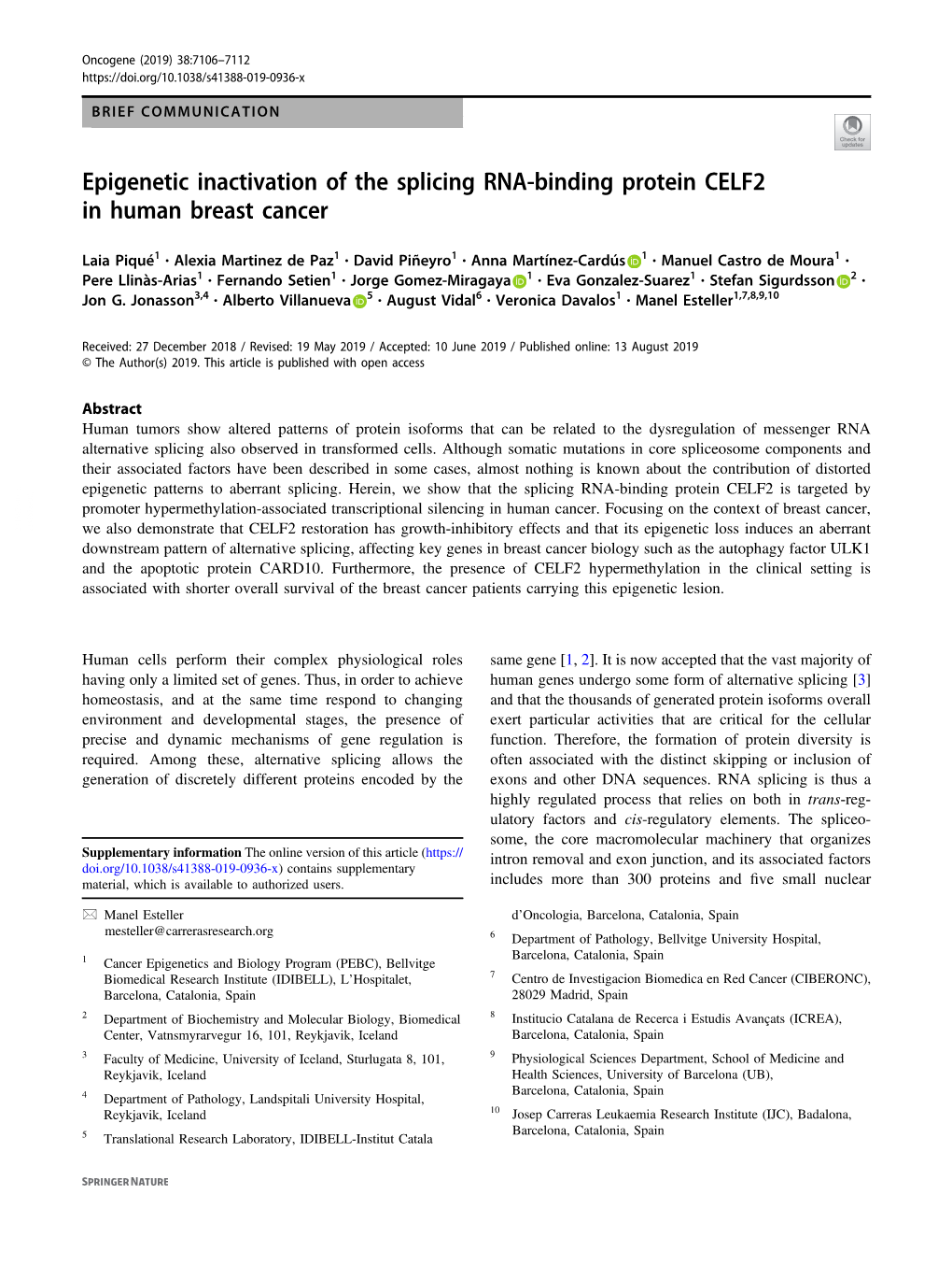 Epigenetic Inactivation of the Splicing RNA-Binding Protein CELF2 in Human Breast Cancer