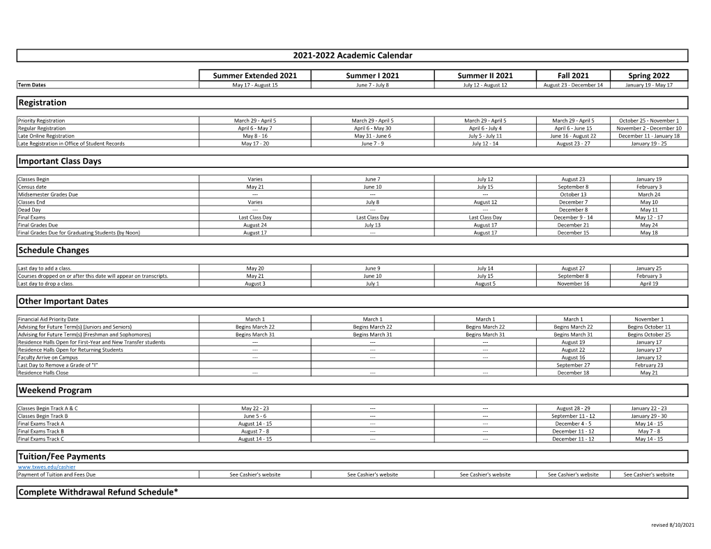 2021-2022 Traditional Academic Calendar