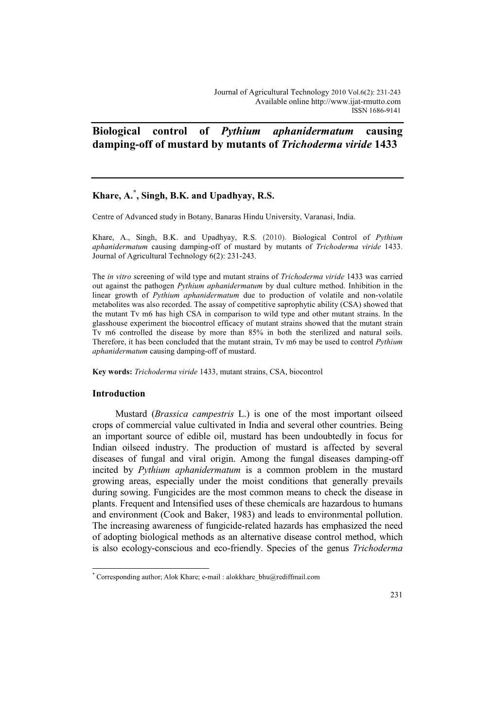 Biological Control of Pythium Aphanidermatum Causing Damping-Off of Mustard by Mutants of Trichoderma Viride 1433