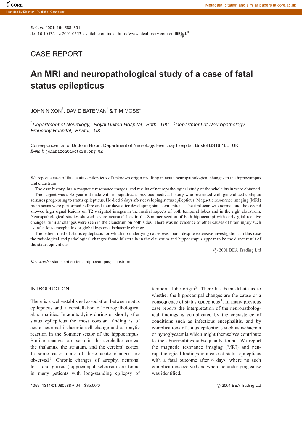 An MRI and Neuropathological Study of a Case of Fatal Status Epilepticus