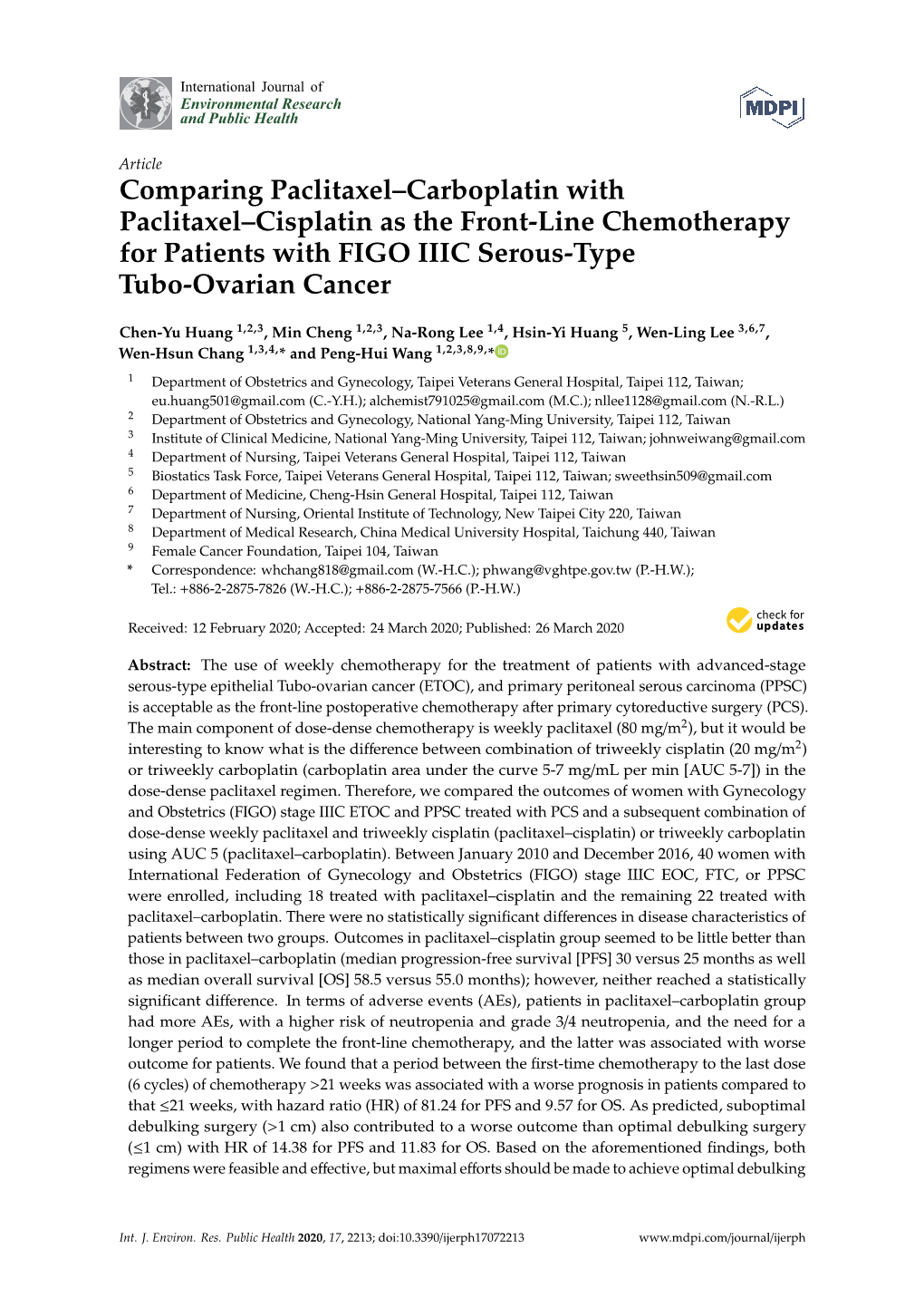 Comparing Paclitaxel–Carboplatin with Paclitaxel–Cisplatin As the Front-Line Chemotherapy for Patients with FIGO IIIC Serous-Type Tubo-Ovarian Cancer