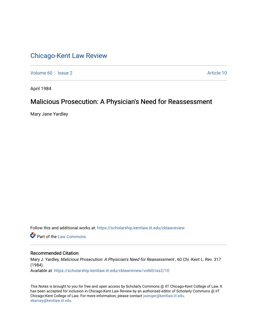 Malicious Prosecution: a Physician's Need for Reassessment