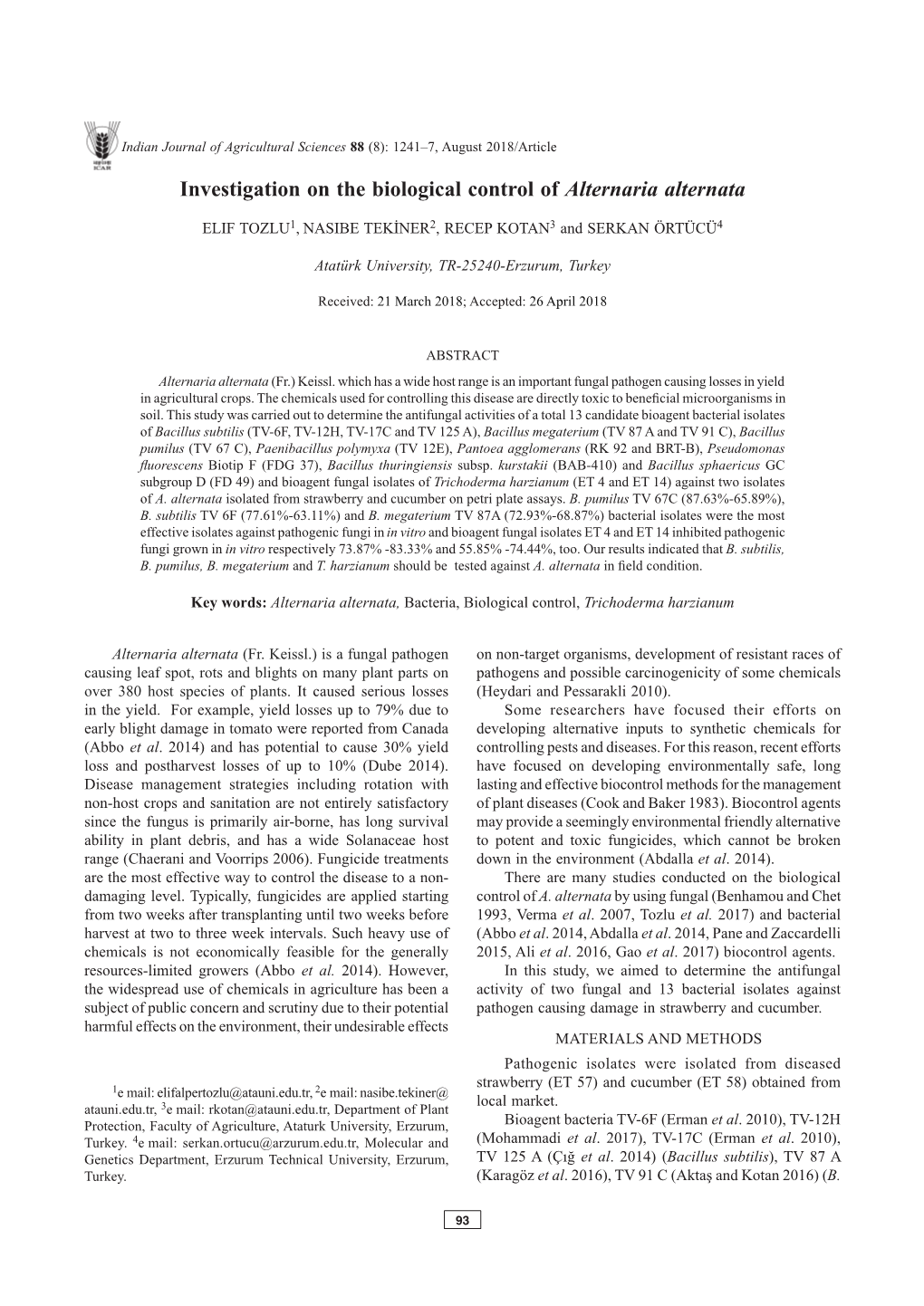 Investigation on the Biological Control of Alternaria Alternata