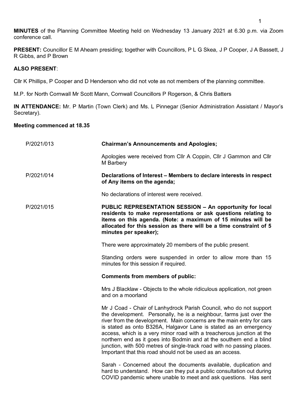 MINUTES of the Planning Committee Meeting Held on Wednesday 13 January 2021 at 6.30 P.M