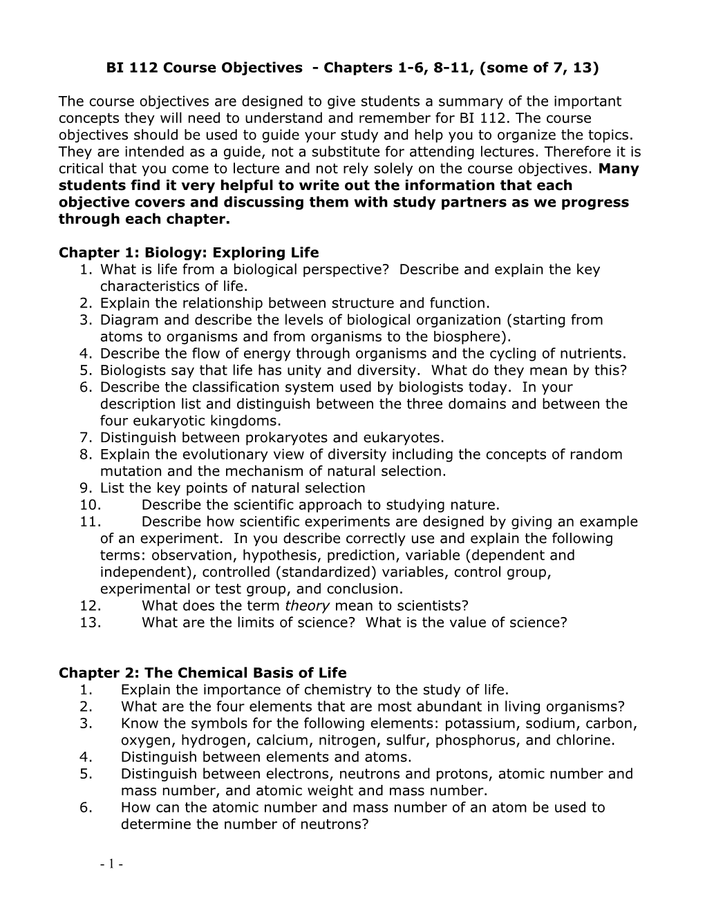 BI 112 Course Objectives - Chapters 1-6, 8-11, (Some of 7, 13)