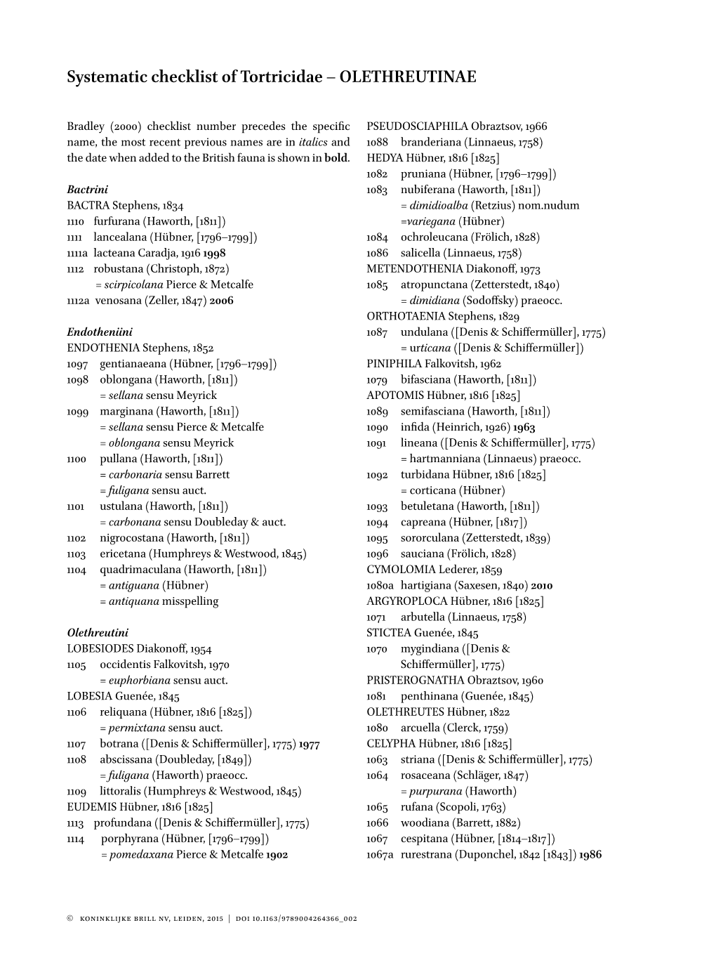 Systematic Checklist of Tortricidae – OLETHREUTINAE