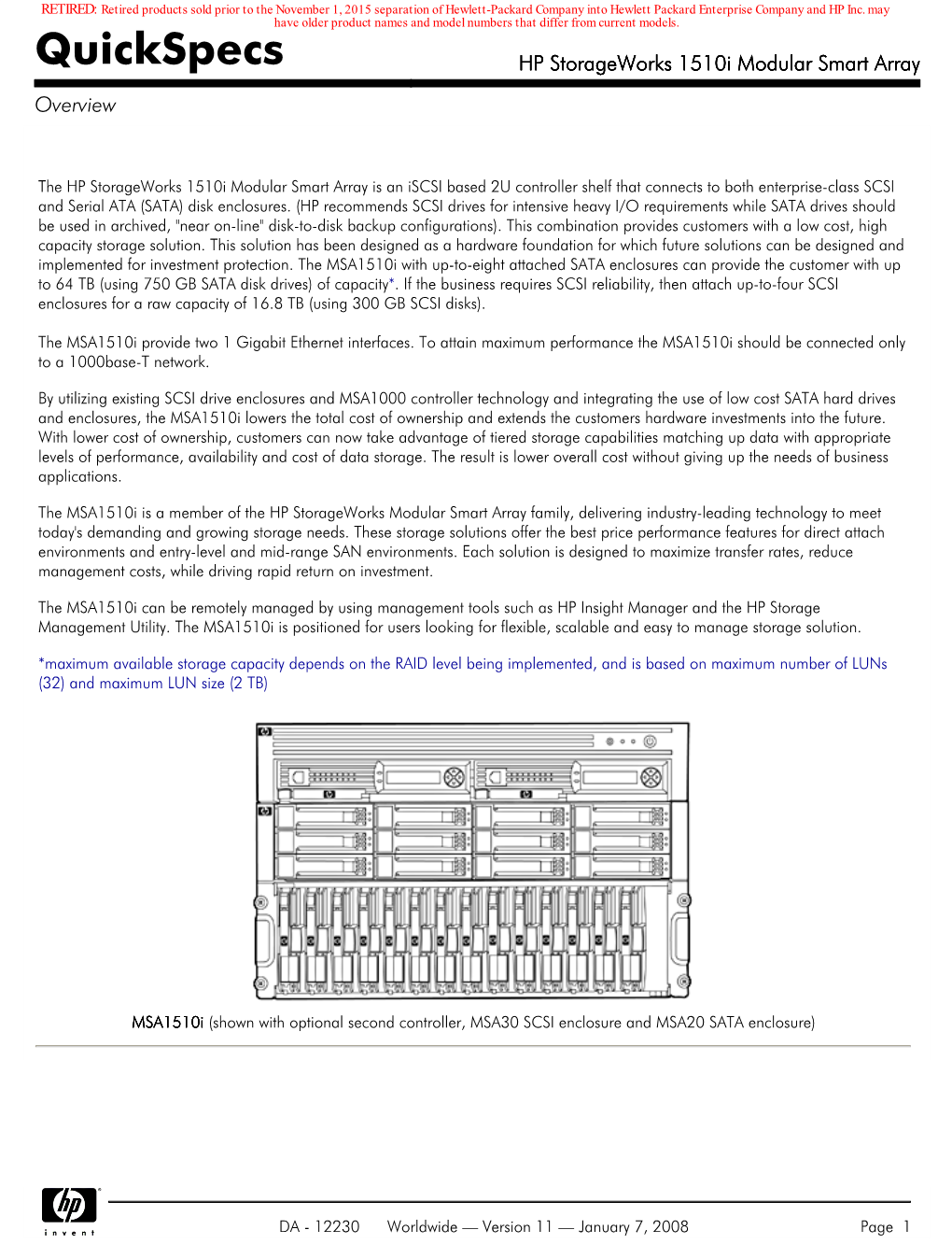 Quickspecs HP Storageworks 1510I Modular Smart Array Overview