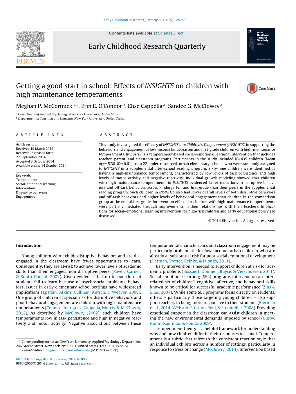 Effects of INSIGHTS on Children with High Maintenance Temperaments