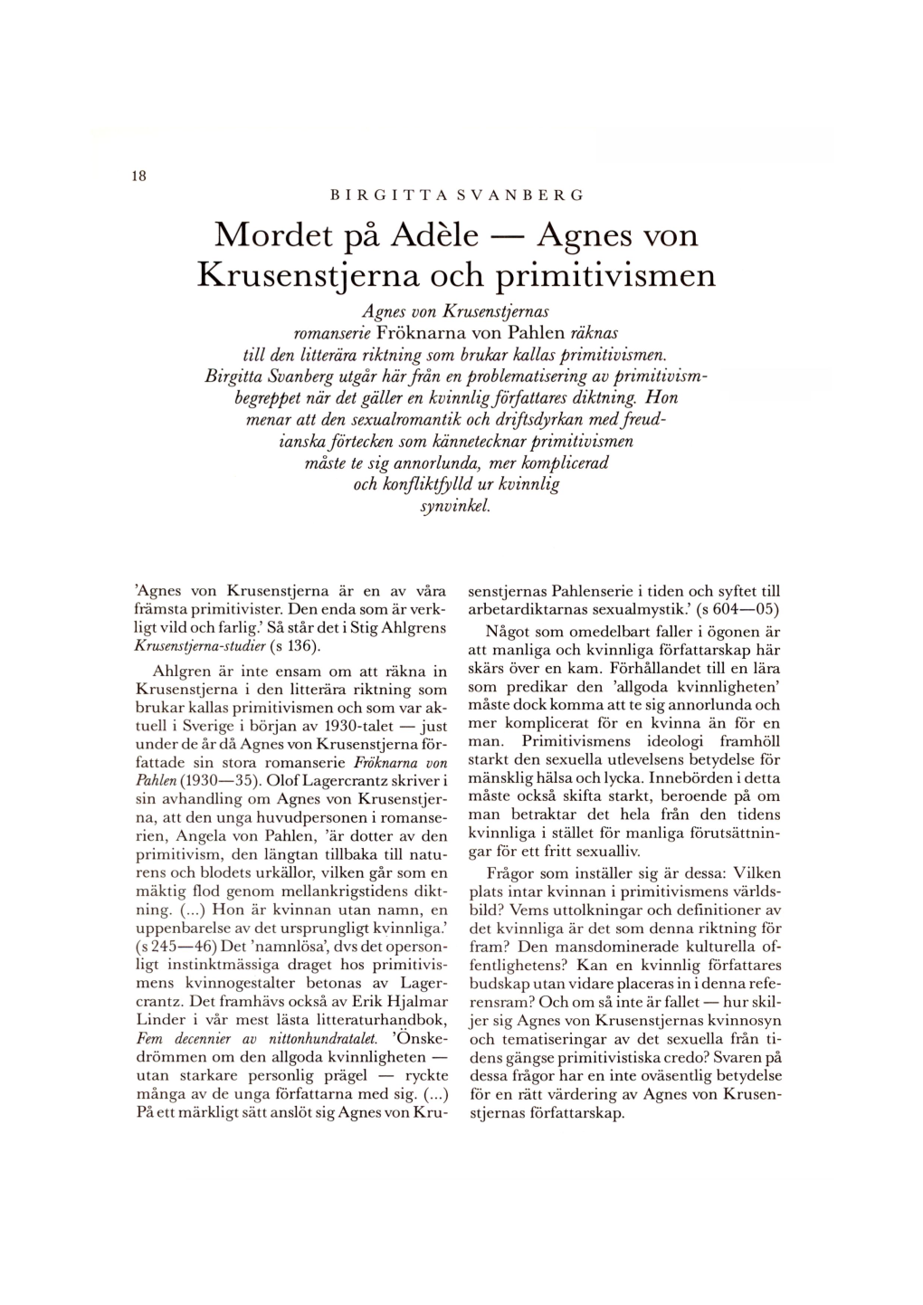 Mordet På Adéle — Agnes Von Krusenstjerna Och Primitivismen