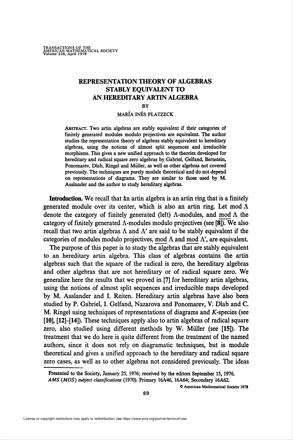 Representation Theory of Algebras Stably Equivalent to Hereditary Algebras, Using the Notions of Almost Split Sequences and Irreducible Morphisms