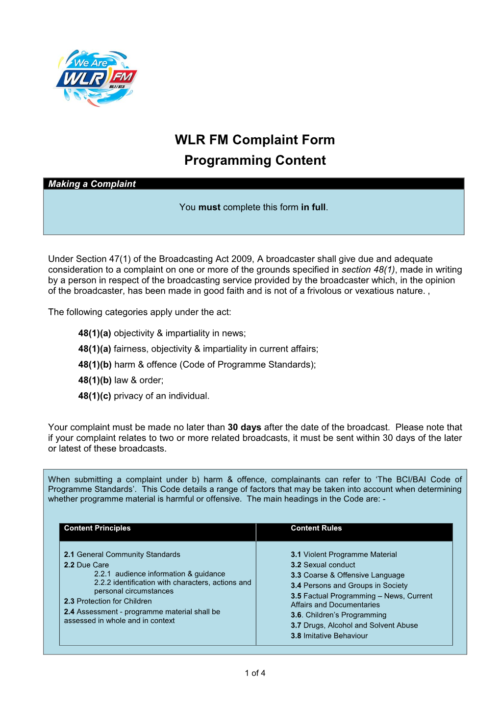 WLR FM Complaint Form Programming Content