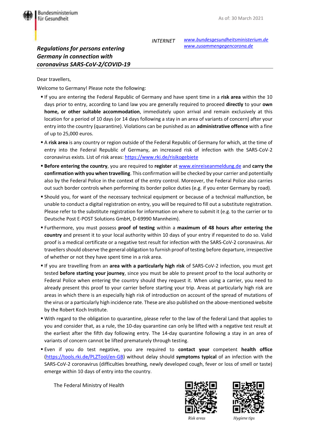 Regulations for Persons Entering Germany in Connection with Coronavirus SARS-Cov-2/COVID-19