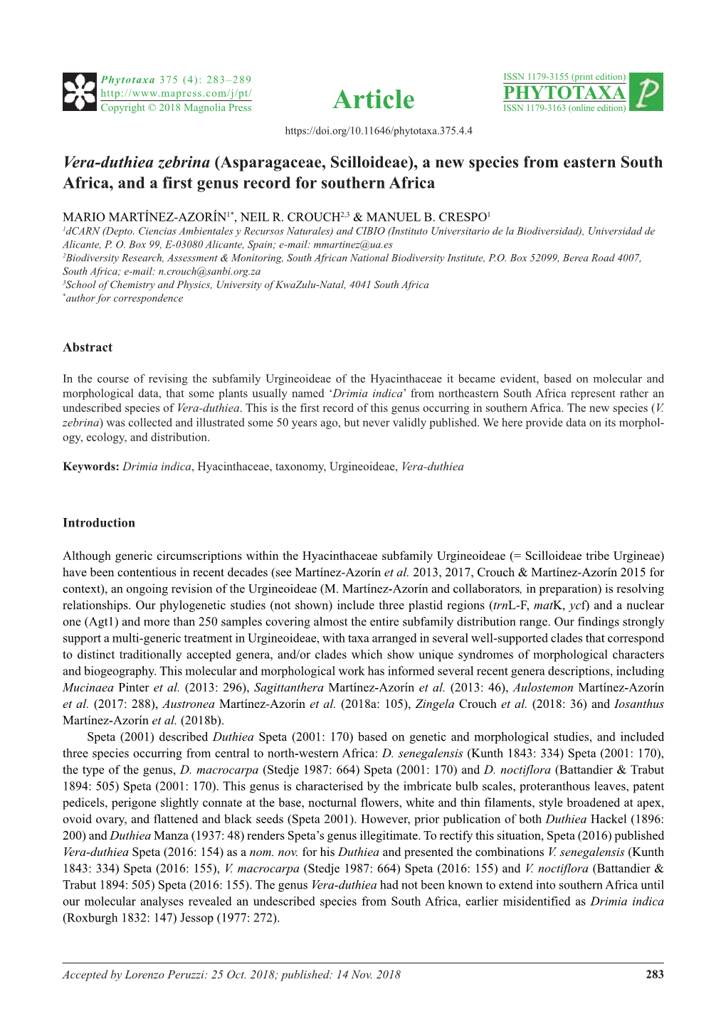 Asparagaceae, Scilloideae), a New Species from Eastern South Africa, and a First Genus Record for Southern Africa