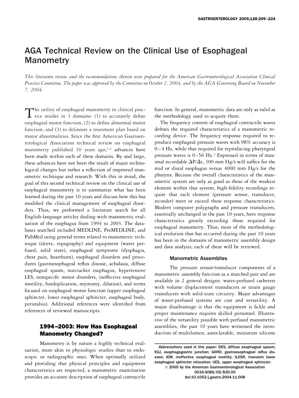 AGA Technical Review on the Clinical Use of Esophageal Manometry