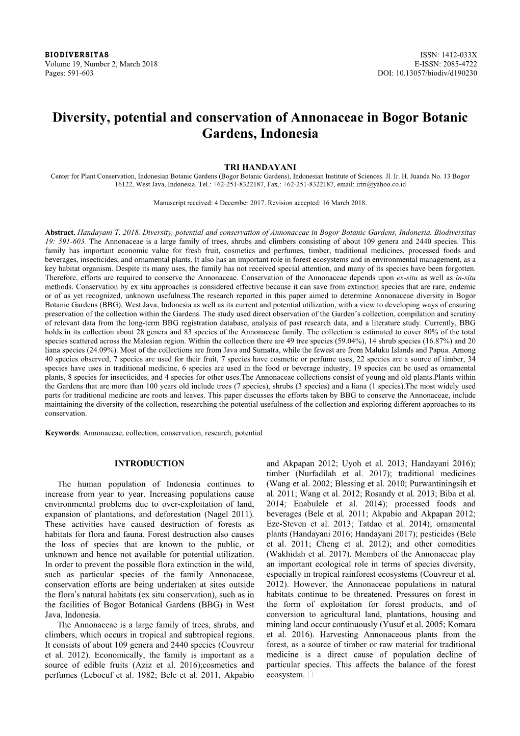 Diversity, Potential and Conservation of Annonaceae in Bogor Botanic Gardens, Indonesia