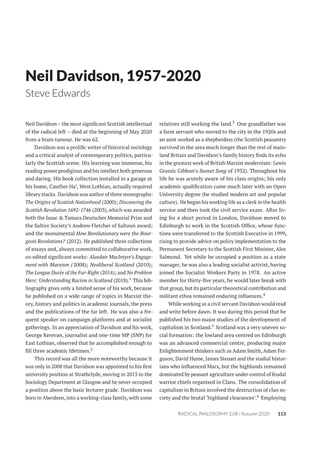Neil Davidson, 1957-2020 Steve Edwards